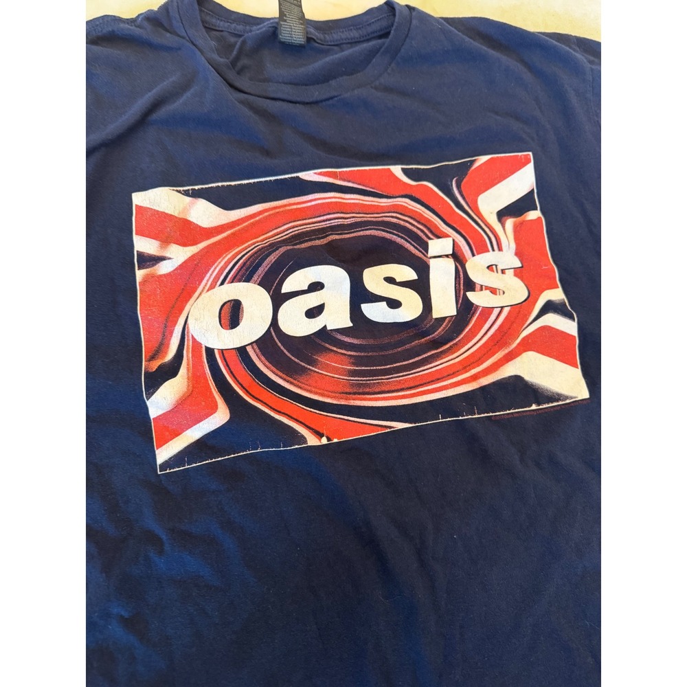 Oasis Band Graphic T-Shirt Navy Blue Union Jack Swirl Logo Gildan Softstyle L